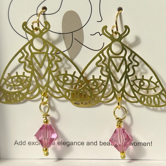 Boho Moth Earrings with Pink Swarovski Crystals - Picture 6 of 8
